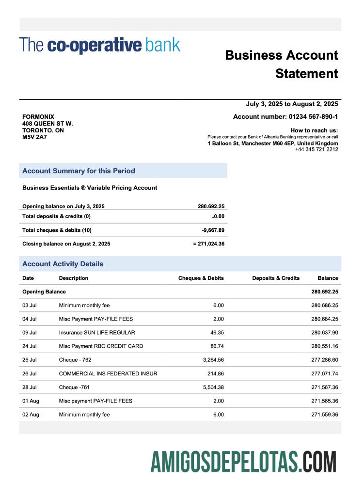 Baixável Reino Unido The Cooperative Bank Firm Checking modelo de extrato de conta Word e PDF